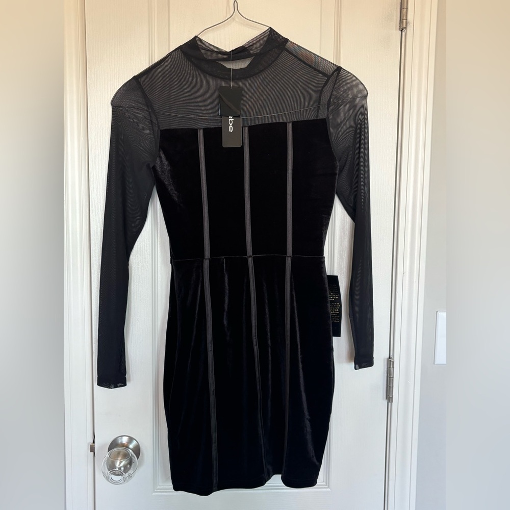 bebe Black Long Sleeve Dress with Mesh Detail